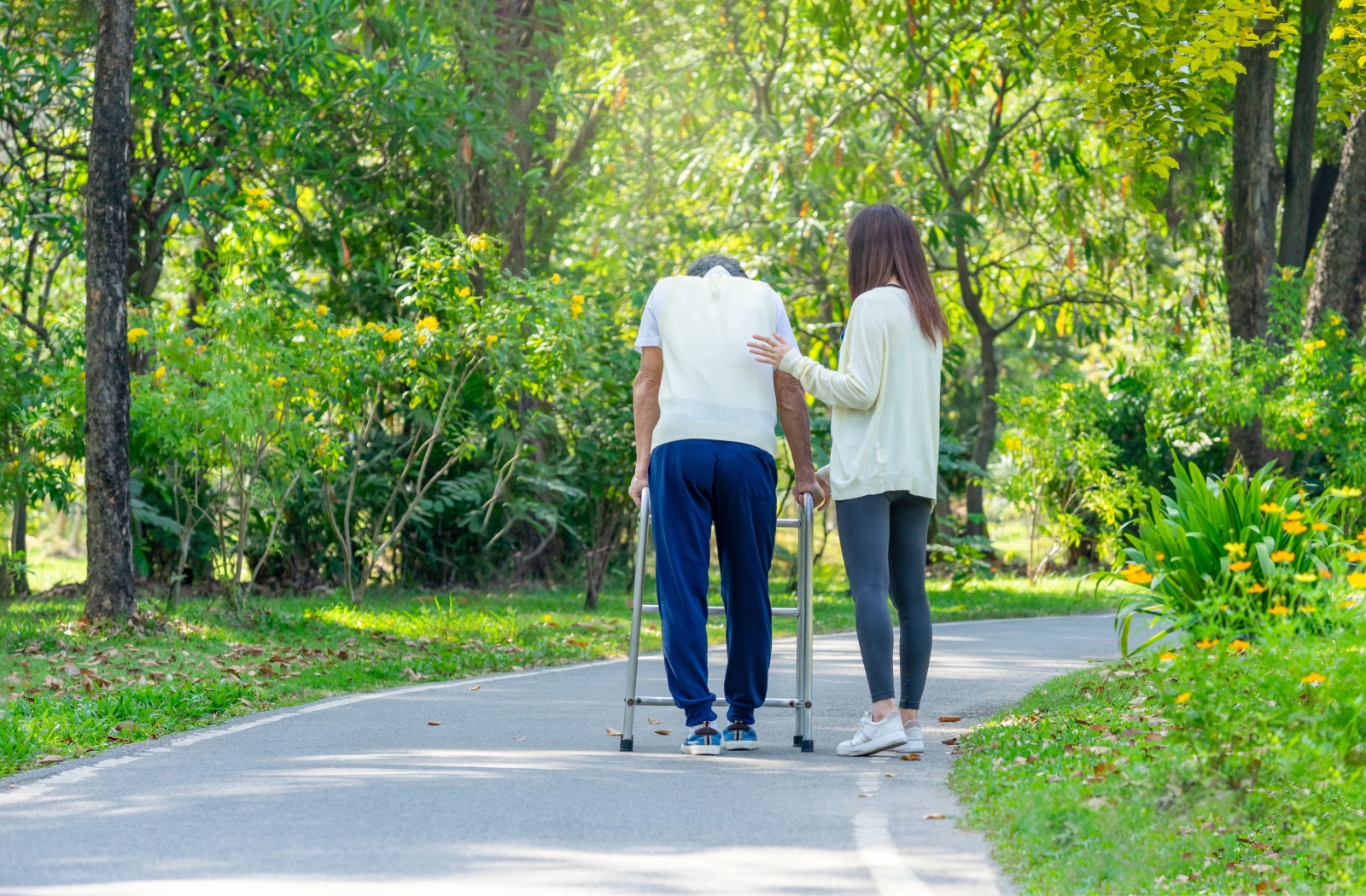 A daughter helping her elderly father use his mobility walker in a park.