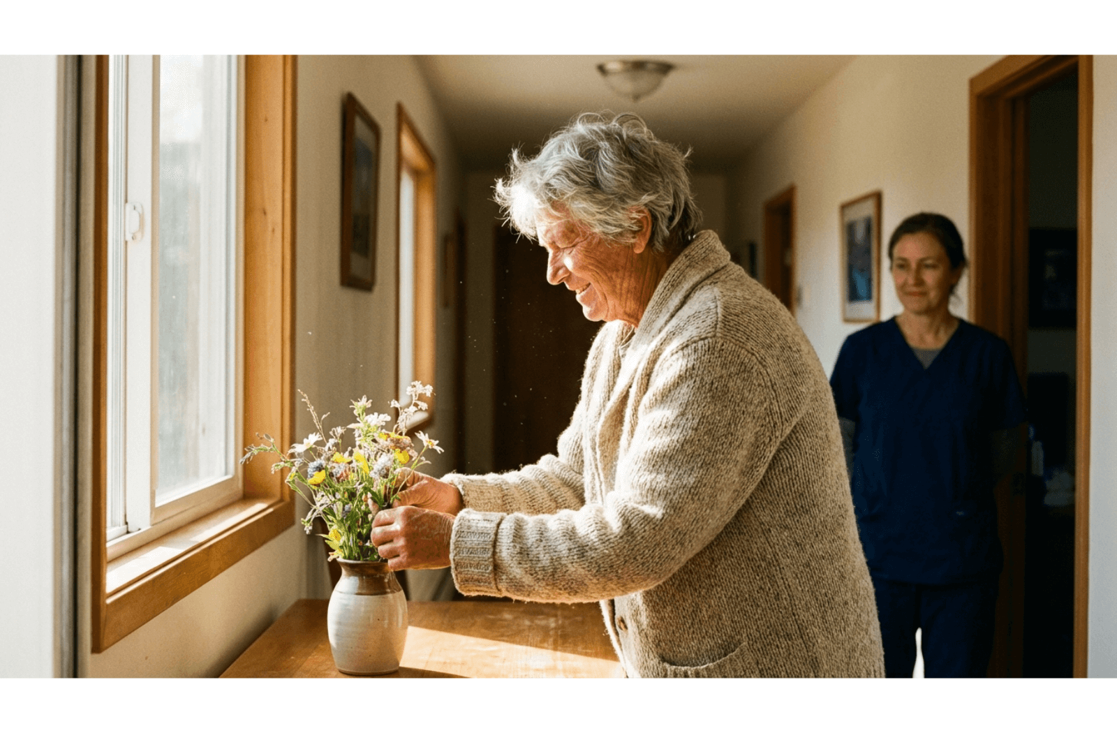 Older adult arranging flowers in a sunny hallway while a caregiver observes quietly from the background.