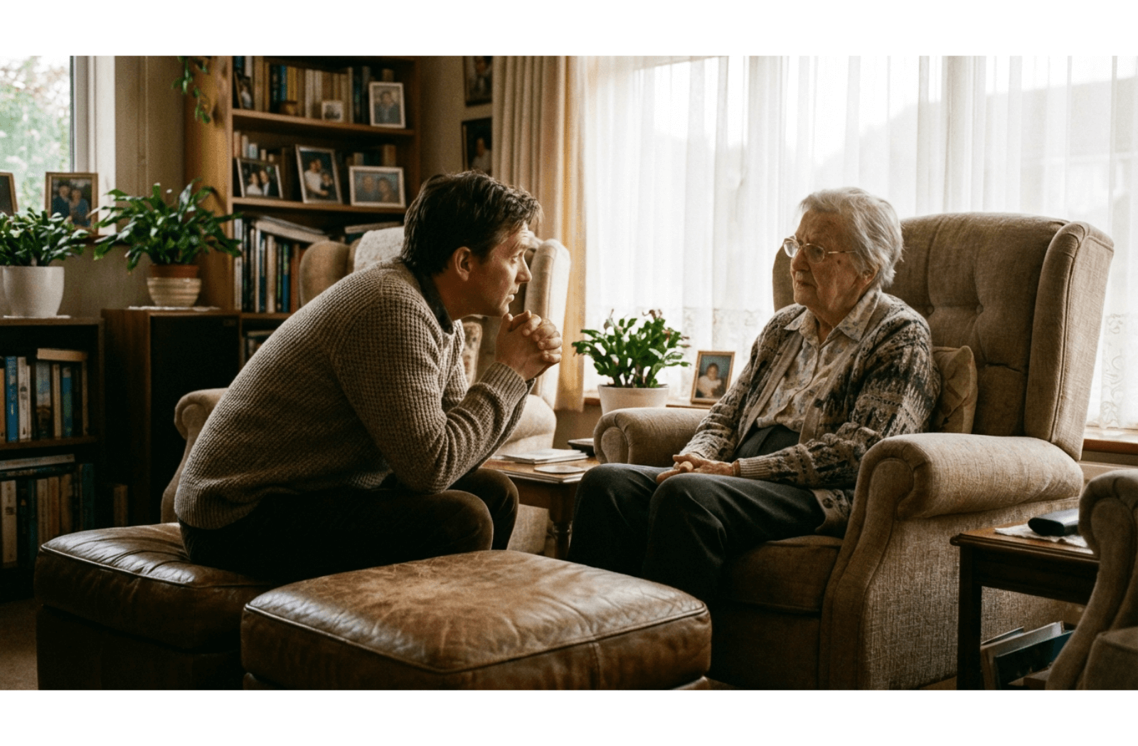An adult leans forward on an ottoman, listening attentively to a senior seated in an armchair in a cozy living room.