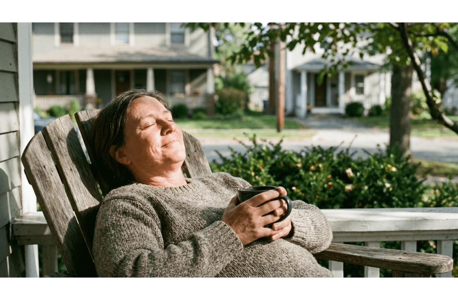 Adult sitting on a porch with eyes closed holding a mug, illuminated by dappled sunlight in a moment of quiet rest.