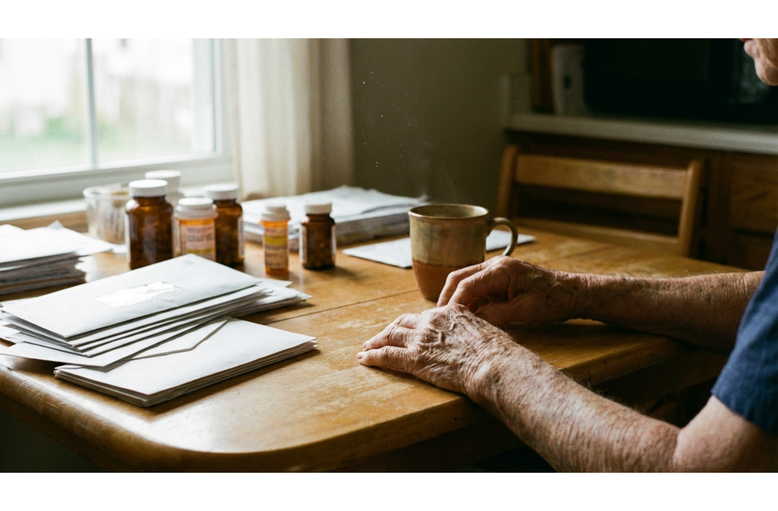 Older adult's hands resting on a table cluttered with unopened bills and medication bottles, indicating difficulty managing daily tasks.