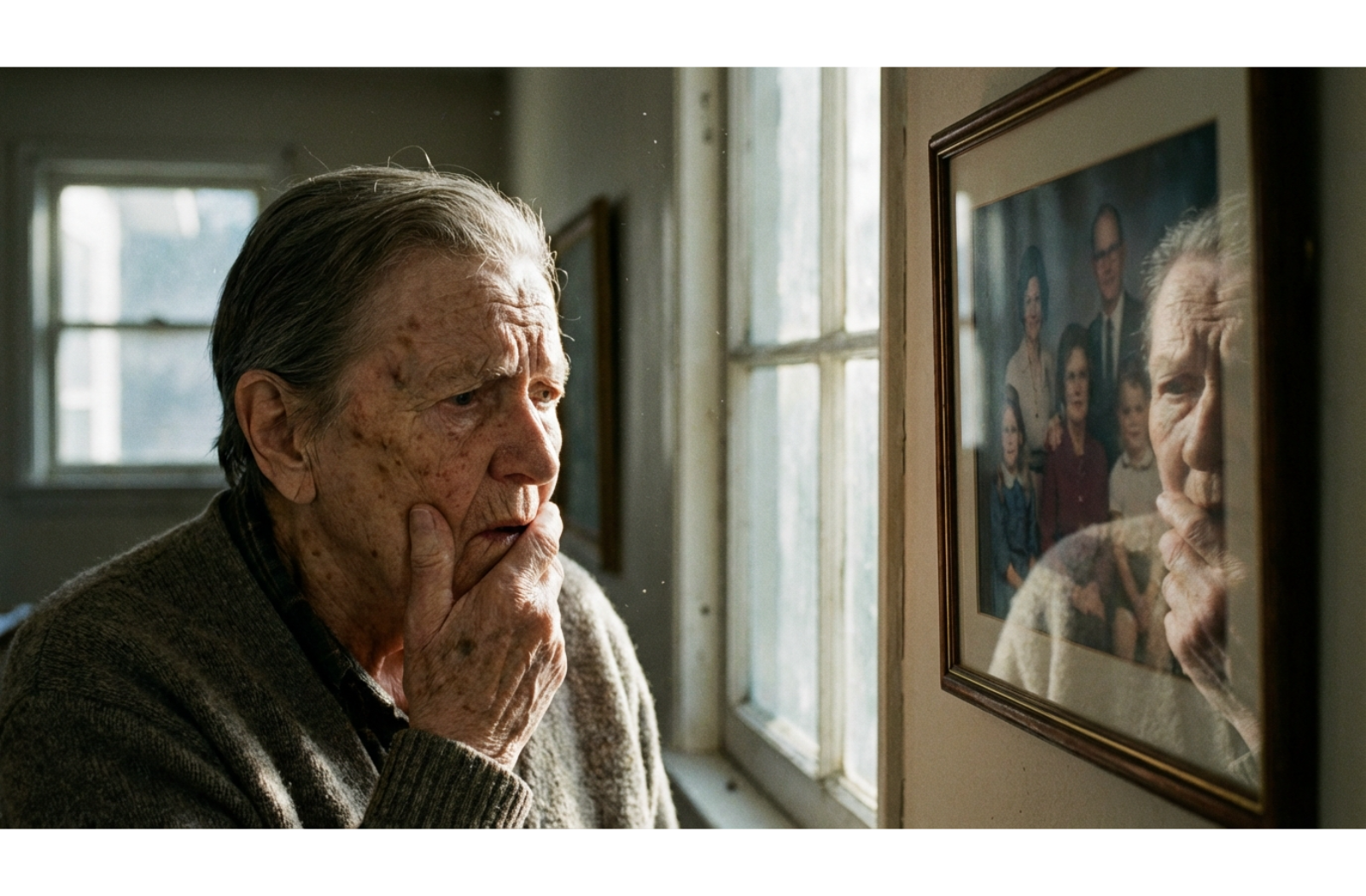 Elderly person looking at a framed wall photo with a confused expression, depicting difficulty recognizing familiar faces.
